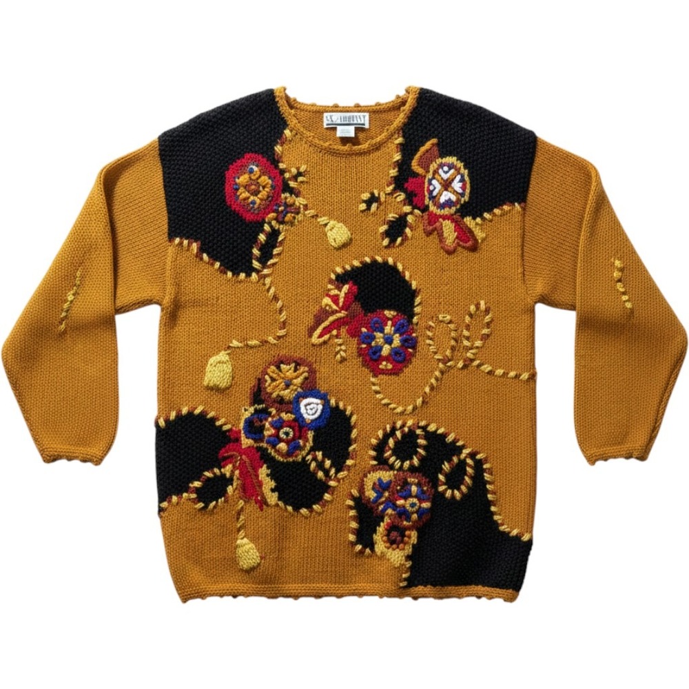 Vintage SK & Company Mustard Yellow Embroidered Floral Knit Sweater Womens Small